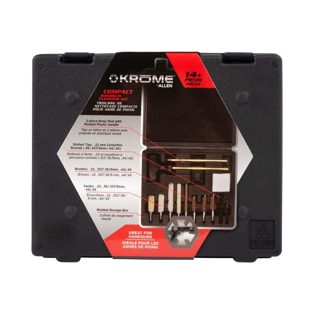 Krome Compact Handgun Cleaning Kit, .22, .38, 9mm, 357, .44, &.45 Cal., 14-Pieces, Black by Allen - Scopes and Barrels