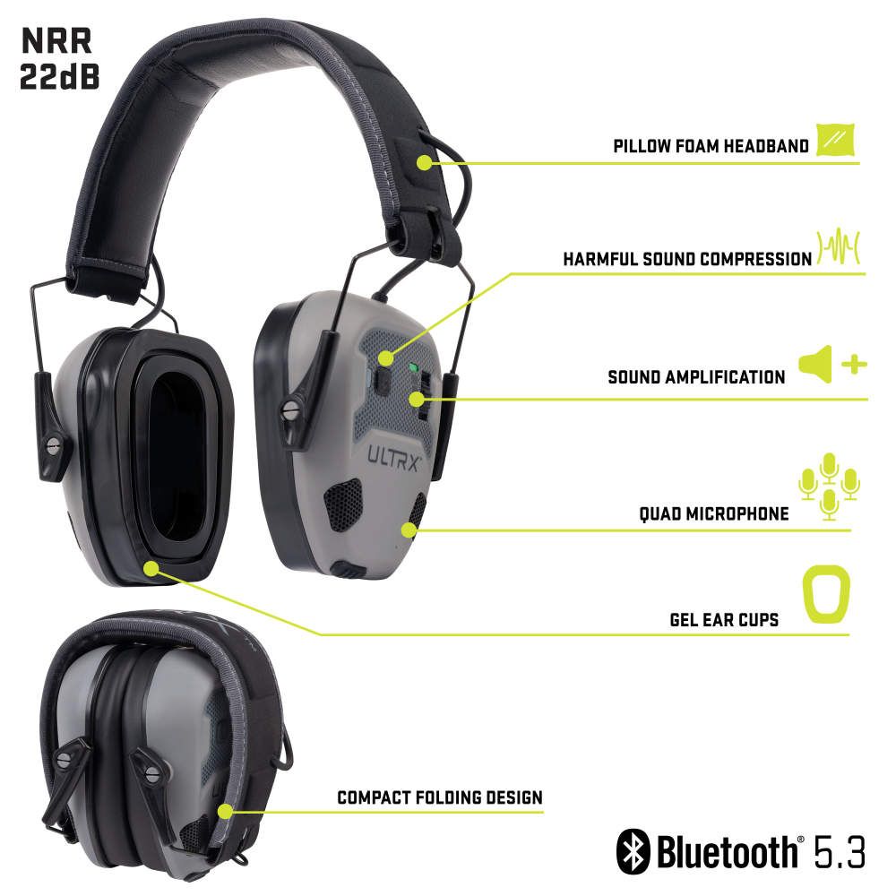 ULTRX Bionic Fuse Bluetooth Electronic Earmuff | Cement Gray