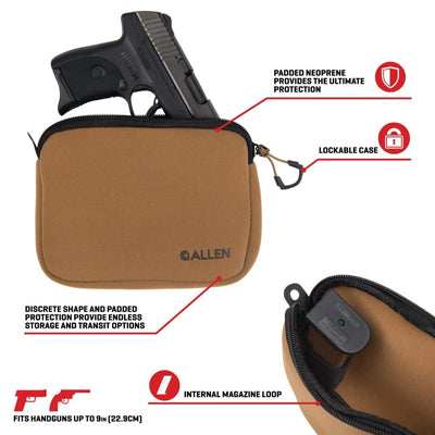 Allen Company Neoprene Pistol Pouch, Compact Handguns up to 7”, FDE